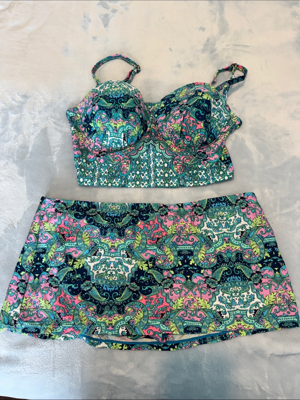 Kenneth Cole Reaction Paisley Print Bikini Top and Skirt - Blue, Pink, Green